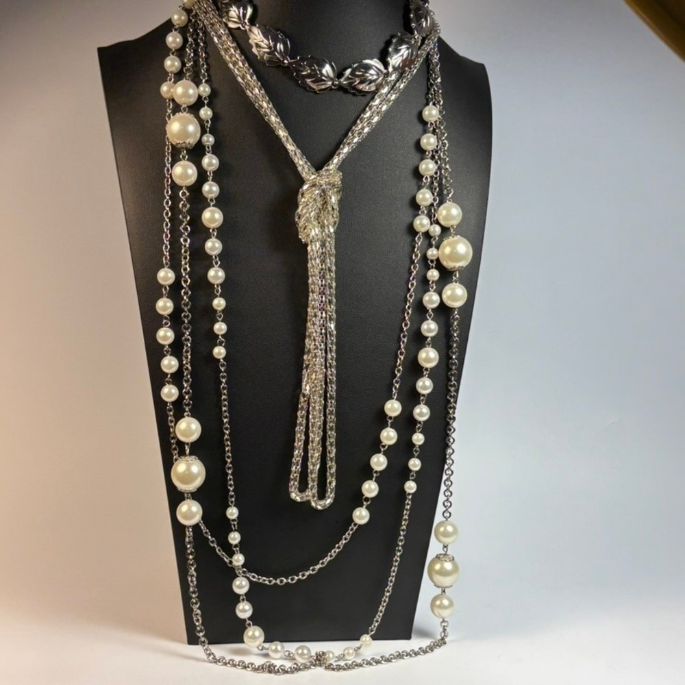 Vintage Necklace Set Silver Pearl Leaf Choker Lariat Maximalist Boho Statement